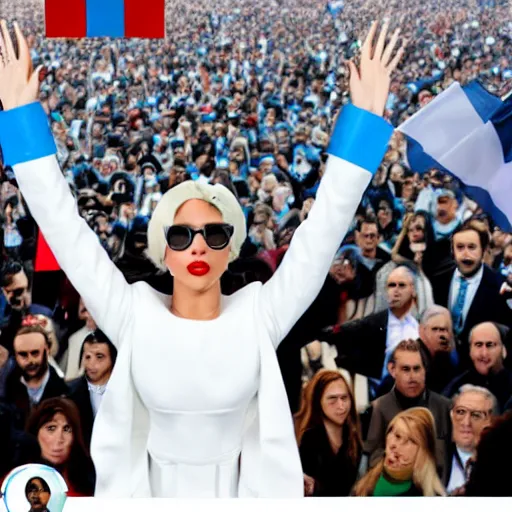 Image similar to Lady Gaga as president, Argentina presidential rally, Argentine flags behind, bokeh, giving a speech, detailed face, Argentina