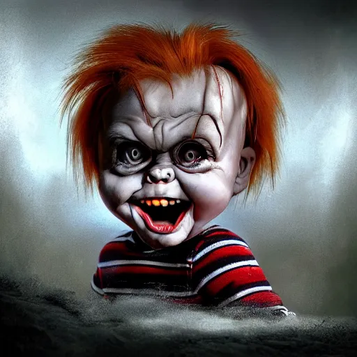 Prompt: cartoon painting of chucky by michal karcz