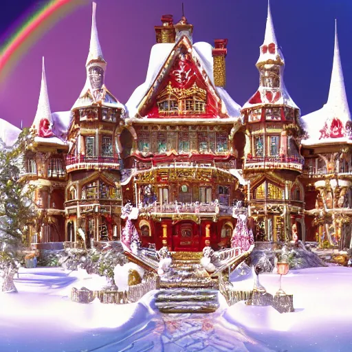Image similar to in a snowglobe is a golden and red rocococastle with unicorns and snow falling, rainbow colored, sparkels, insanely detailed, 8 k, 3 d, masterpiece