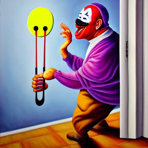 Image similar to hyperrealism painting from the housefly perspective getting swatted at from an angry and sick clown man with a fly swatter in the kitchen