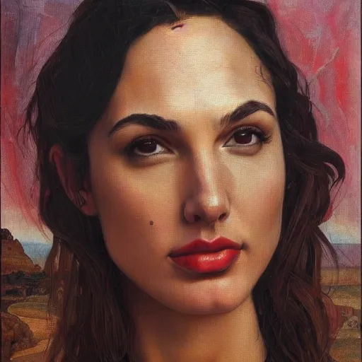 Image similar to Oil painting the beautiful woman Gal Gadot, she has withe old cloths, she is wearing surreal ornates, naturalism, dramatic lighting, high-detailed oil painting by Ilya Repin, Michelangelo da Caravaggio, William Blake, Alex Grey and Beksinski, trending on Artsatio, masterpiece, 4k, 8k,