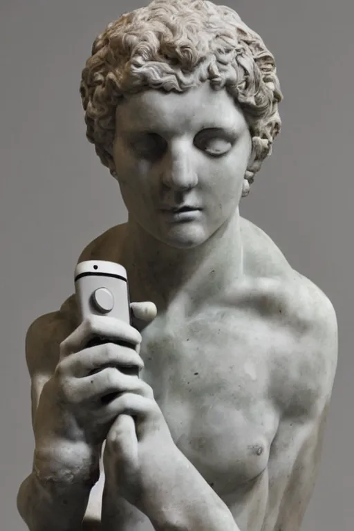 Image similar to marble sculpture of a man holding a marble phone to take a selfie