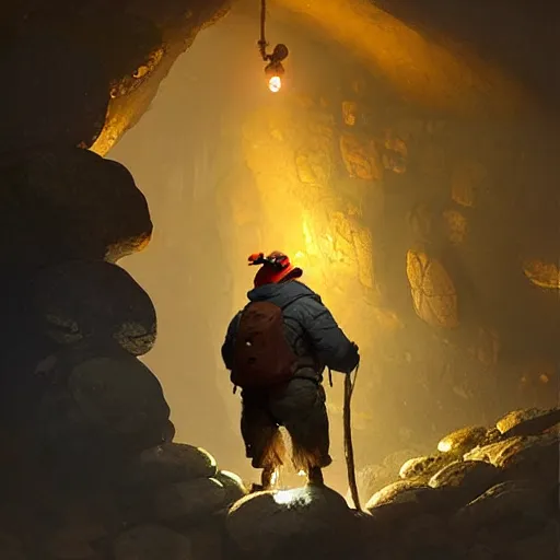 Image similar to happy pepe the miner in the cave, greg rutkowski