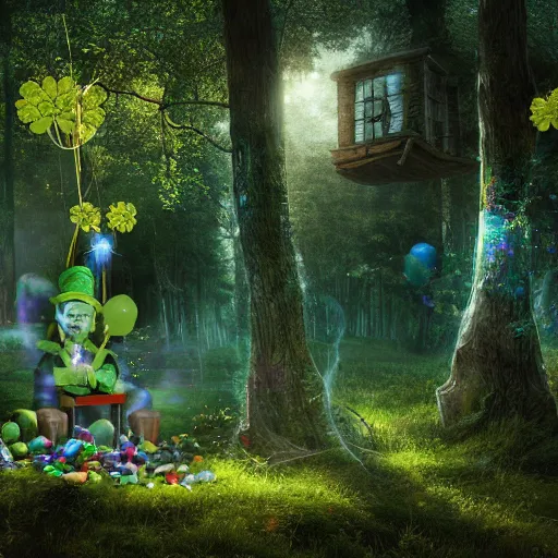 Prompt: A hyper real comic book style portrait painting of an enchanted forest with toadstools and forest hut. Soap bubbles and rainbow in the air, sun beams flowing through the trees. Irish clovers, leprechaun's house in the woods. Unreal 5, Hyperrrealistic, Octane render, Cospay, RPG portrait, dynamic lightning