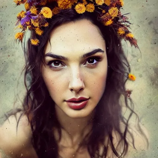 Image similar to fine art photo of the beauty goddess gal gadot, she has a crown of dried flowers, by oleg oprisco