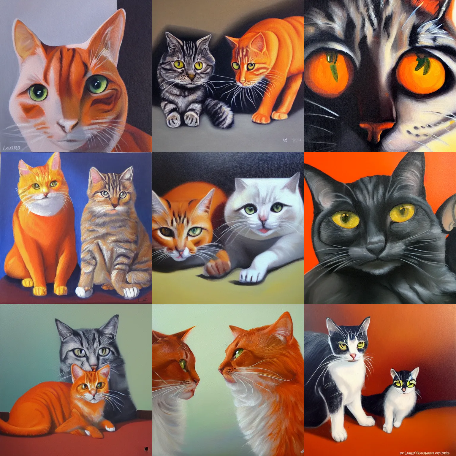 Prompt: Dois gatos sobre fundo cor de laranja, oil painting