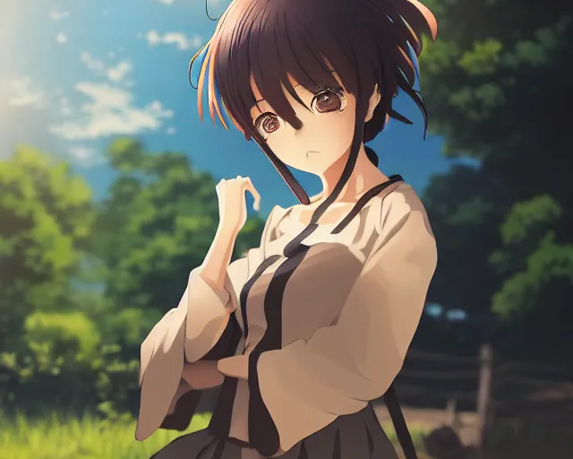 Image similar to key anime visual portrait of a young female in a village, dynamic pose, dynamic perspective, cinematic, dramatic lighting, muted colors, detailed silhouette, textured, finely detailed eyes, anime proportions