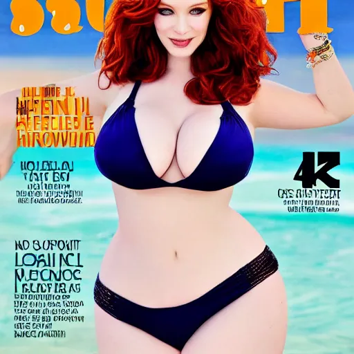 Prompt: Christina Hendricks on spoert illustrated swimsuit cover, 4k,