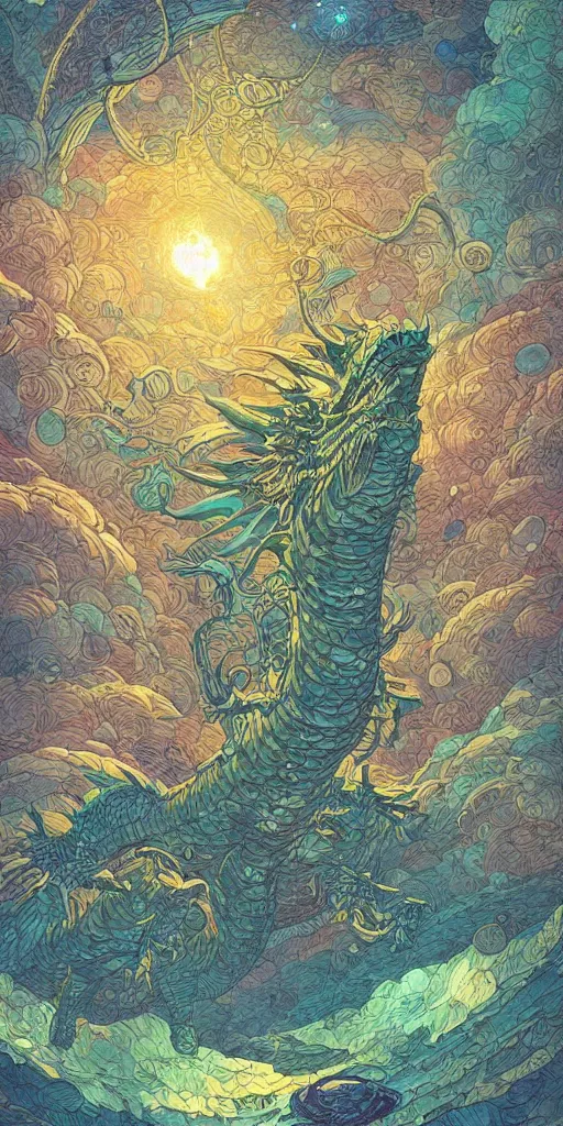Prompt: massive a dragon life Spaceship Digital Matte Illustration, pastiche by Dan Mumford, pastiche by Louis Comfort Tiffany, pastiche by Victo Ngai, Precise and Intricate Linework, Art Nouveau Cosmic Nebula 4k Detailed Matte Illustration trending on IllustrationX ,CGSociety