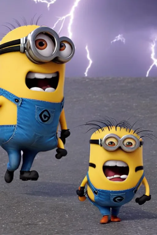 Image similar to minion trying to explode a bomb, realistic, dramatic lightening, cinematic