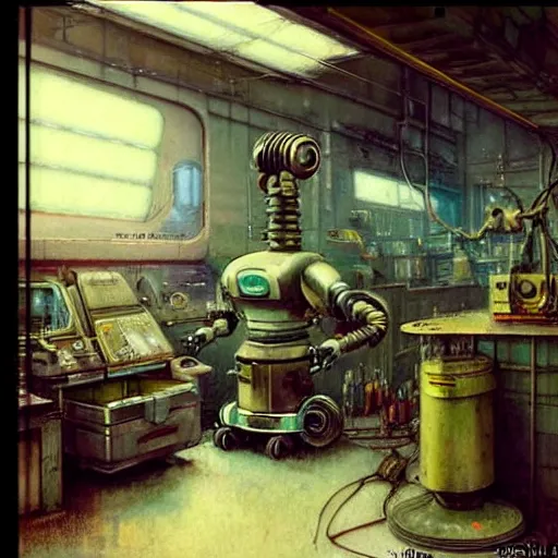 Image similar to ( ( ( ( ( 1 9 5 0 s retro boy inventors science fiction cluttered robot mechanics shop interior scene. muted colors. ) ) ) ) ) by jean - baptiste monge!!!!!!!!!!!!!!!!!!!!!!!!!!!!!!