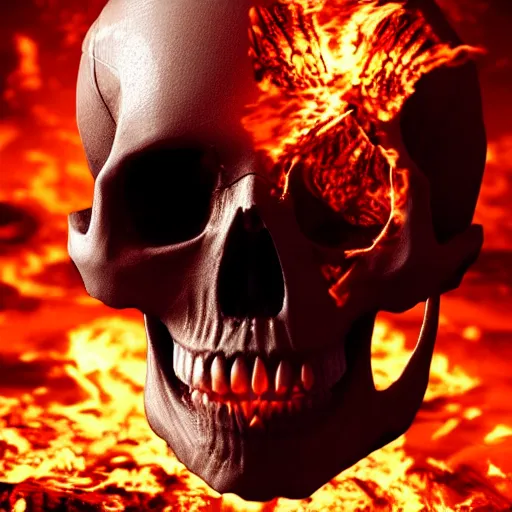 Image similar to a highly detailed human skull on fire in front of a glowing red background, 3 d, fire through eyes, octane render, symmetrical, hyper realism, highly detailed, digital art, artstation, concept art, cinematic lighting, strong bokeh, trending