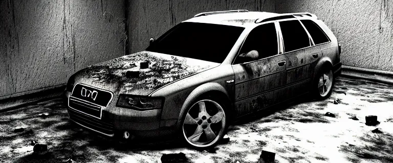 Image similar to Audi A4 B6 Avant (2002), a gritty neo-noir, dramatic lighting, cinematic, eerie person, death, homicide, homicide in the snow, viscera splattered, gunshots, bullet holes, establishing shot, extremely high detail, cracked windows, photorealistic, arson, makeshift grave, cinematic lighting, artstation, by simon stalenhag, Max Payne (PC) (2001) winter New York at night, In the style of Max Payne 1 graphic novel, flashing lights, Poets of the Fall - Late Goodbye