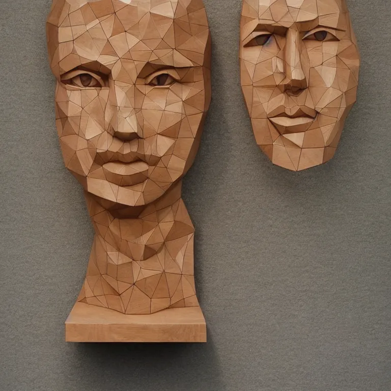 Image similar to 2 0 0 ft sculpture geometric minimalist!!! accurate portrait of scarlett johansson, beautiful symmetrical!! face accurate face detailed face realistic proportions, hand - carved out of red oak wood on a pedestal by stephan balkenhol and martin puryear, cinematic lighting shocking detail 8 k