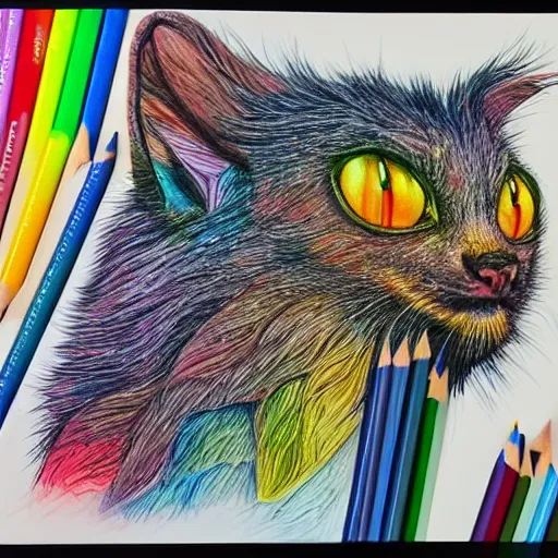 Image similar to Colored pencil art on paper, highly detailed, artstation, People, Animals, Magical Creatures, buildings, scenery, items, enchanted landscapes, PrismaColor