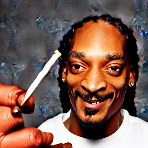 Image similar to Snoop Dog with big eyes eye color red , smiling and holding a joint in his hand