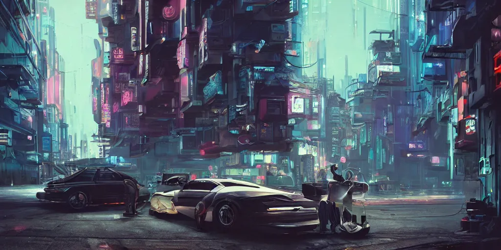 Image similar to a man standing next to a car on a city street, cyberpunk art by Vincent Lefevre, cgsociety, retrofuturism, matte painting, reimagined by industrial light and magic