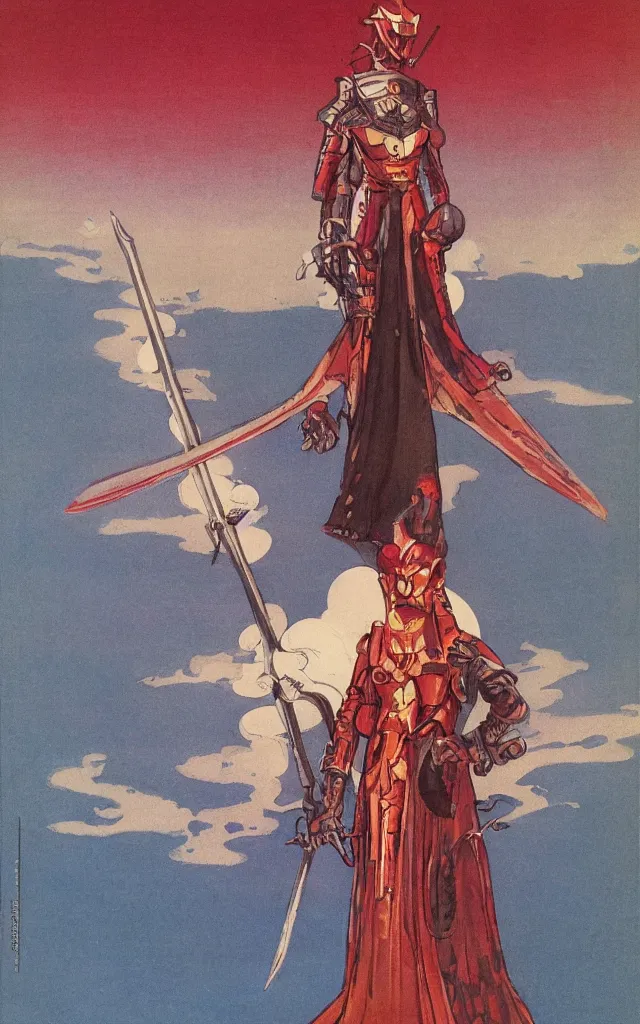 Prompt: on a strange vintage scifi planet, a samurai wizard knight goddess with large sword poses in glory, vintage scifi poster, winslow homer, moebius, roger dean, artstation