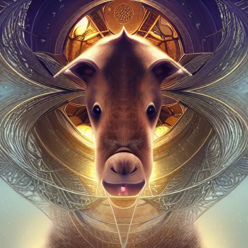 Image similar to capybara surrounded by sacred geometry made from elven architecture, gorgeous, powerful, cinematic, beautifully lit, by artgerm, by karol bak, 3 d, trending on artstation, octane render