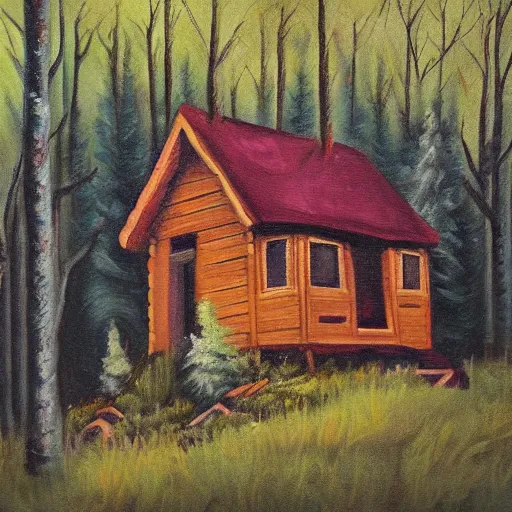 Image similar to a painting of a Eerie cabin in the middle of the woods in the style of Jackson Polluck