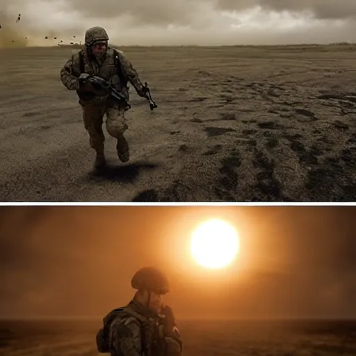 Image similar to soldier running at the camera during normandy landing in the style of the movie lone survivor, ray tracing, cinematic lighting,