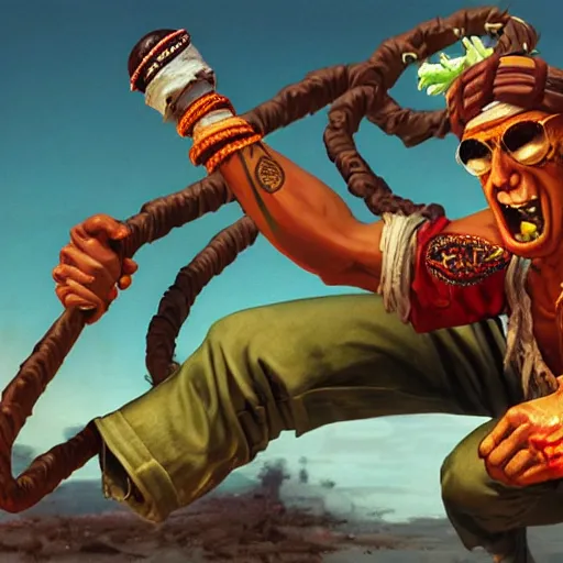 Image similar to hunter s. thompson as dhalsim street fighter, ultra realistic, concept art, intricate details, highly detailed, photorealistic, octane render, 8 k, unreal engine, art by frank frazetta, simon bisley, brom