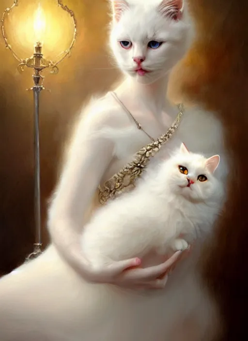 Image similar to a beautiful fluffy white cat with baroque dress, painted by artgerm and tom bagshaw, fantasy art, dramatic lighting, highly detailed oil painting