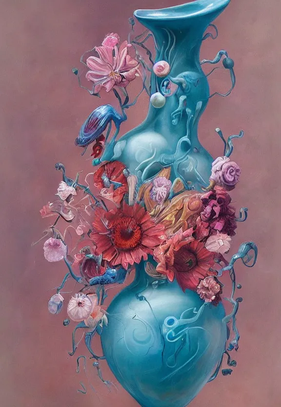 Image similar to a biomorphic painting of a vase with flowers and eyeballs in it, a surrealist painting by marco mazzoni, by dorothea tanning, pastel blues and pinks, lips, featured on artstation, metaphysical painting, oil on canvas, fluid acrylic pour art, airbrush art, seapunk, rococo, lovecraftian