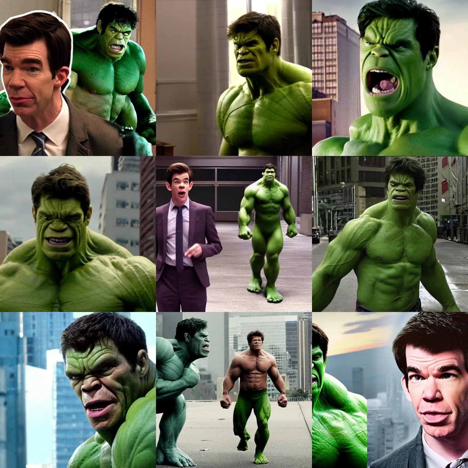 Prompt: john mulaney as the hulk in the avengers ( 2 0 1 2 ), cinematography