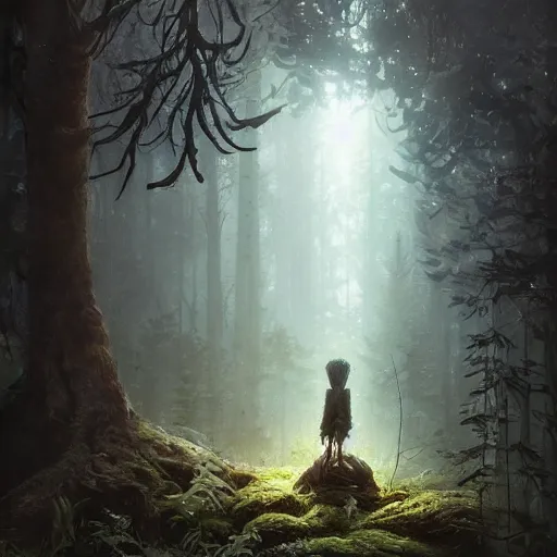 Prompt: highly detailed creepy forest humanoide creature, stephen bliss, unreal engine, fantasy art by greg rutkowski, loish, rhads, ferdinand knab, makoto shinkai and lois van baarle, ilya kuvshinov, rossdraws, tom bagshaw, global illumination, radiant light, detailed and intricate environment