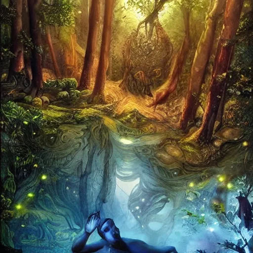 Image similar to greek gods, in forest, three eyed, wide wide shot, feet in water, colors, eyes in forehead, ground very detailed, wet eyes reflecting into eyes reflecting into infinity, beautiful lighting