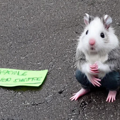 Image similar to soaking wet hamster begging for change on the side of the road