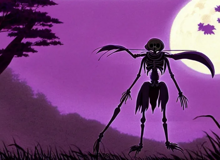 Prompt: a still from a studio ghibli movie of a purple cloaked skeleton necromancer from princess mononoke ( 1 9 9 7 ), in front of a pale full moon, full body, wide shot, very dull muted colors, studio ghibli, highly detailed, deviantart, art by artgem