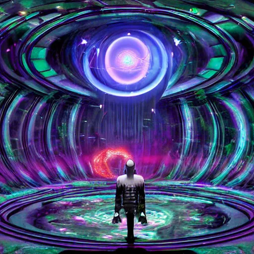 Prompt: the machine universe encounters a living cosmos inside an asymmetric orthogonal non - euclidean upside down inside out world with an infinite cosmic spiral waterfall of living information, mixed media, unreal engine, fractalpunk