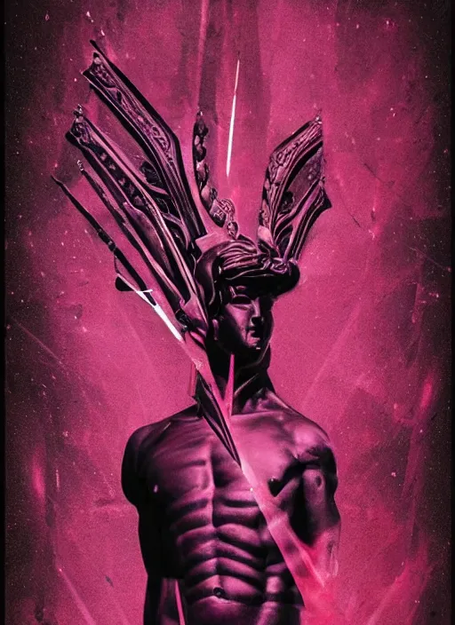 Image similar to elegant dark design poster showing a heroic statue of achilles, black background with very subtle red and purple design elements, bold, powerful, nekro, vito acconci, thin straight purple lines, dark, glitch art, neo vaporwave, gritty, layout frame, square, trending on artstation