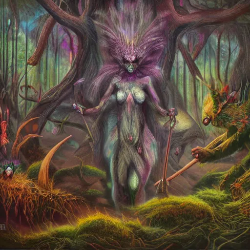 Prompt: painting of the beings of the forest, fantasy, surreal, very detailed, 8k