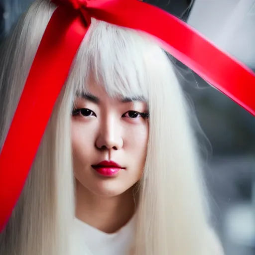 Image similar to Portrait of a japanese young lady with a long white!!!!!!! long white hair (and a red ribbon), Rim Lighting, Lantern, Award Winning photo