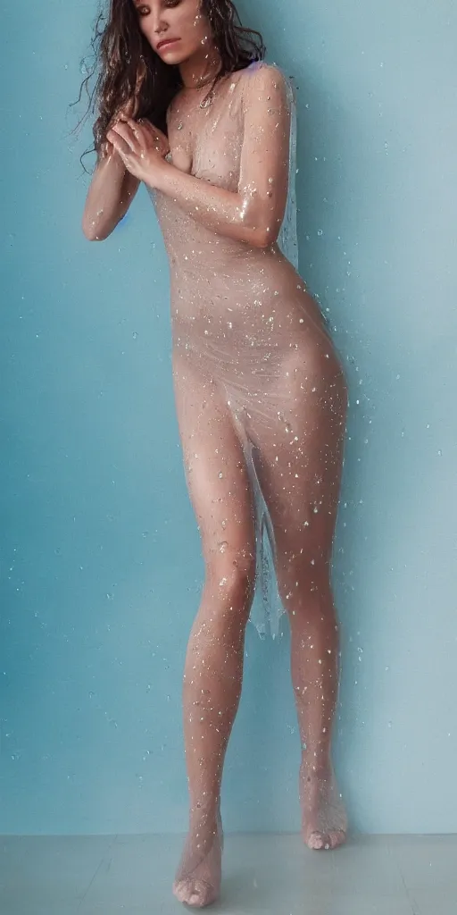 Image similar to a full body portrait of a woman in a wet sheer dress