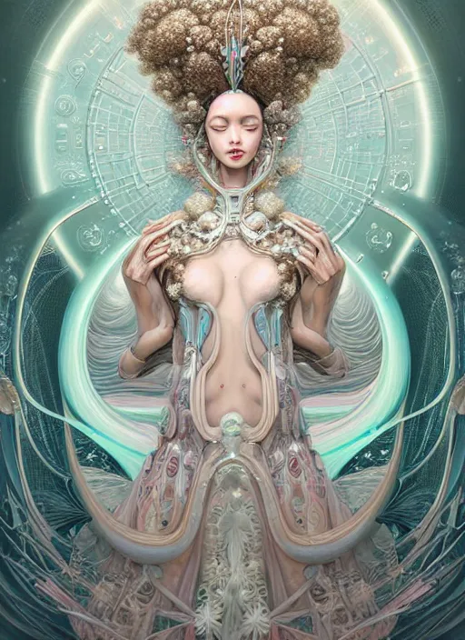 Prompt: porttait of a beautiful celestial Brazilian pearlescent multiversal Goddess wearing a futuristic luxurious Renaissance dress exposed in cryo chambers by James Jean, mecha theme, intricate, elegant, highly detailed, centered, digital painting, lush Japanese landscape, sakura season, Kyoto inspired, artstation, concept art, smooth, sharp focus, illustration, by Peter Mohrbacher, WLOP