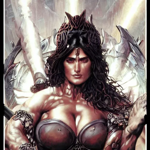 Image similar to muscular beautiful salma hayek wearing steel barbarian armor tombow artwork uta natsume , lucas graciano, greg staples ,jean-sebastien rossbach , christophe young , eytan zana , rumiko takahashi