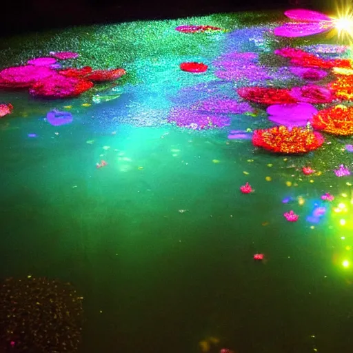 Prompt: crystalline flowers illuminate the otherworldly dichroic pond, fog, godlight, happy, colorful, glow, stars, golden ratio