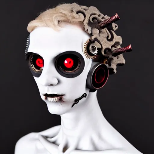 Image similar to Clockwork Cyborg Vampire French Aristocrat, powdered wig, gears, prosthetics, full-body