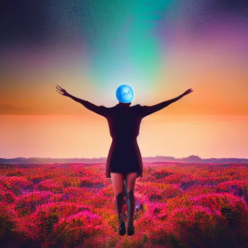 Image similar to A picture of a planet of various colors and plants, in which a human figure dressed in something magical and impressive, inside a picture of infinity, sunset light, Atmospheric Phenomenon art photography