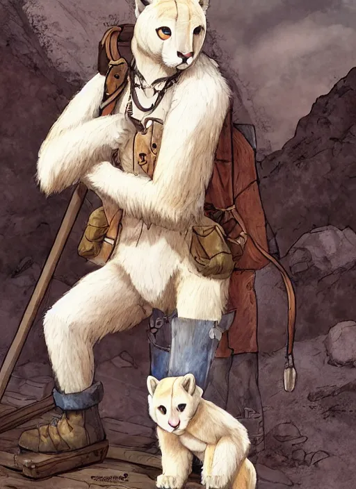 Image similar to character portrait of a anthro!! albino mountain lion wearing miner's clothes at the mines. hidari, color page, tankoban, 4K, tone mapping, Akihiko Yoshida.