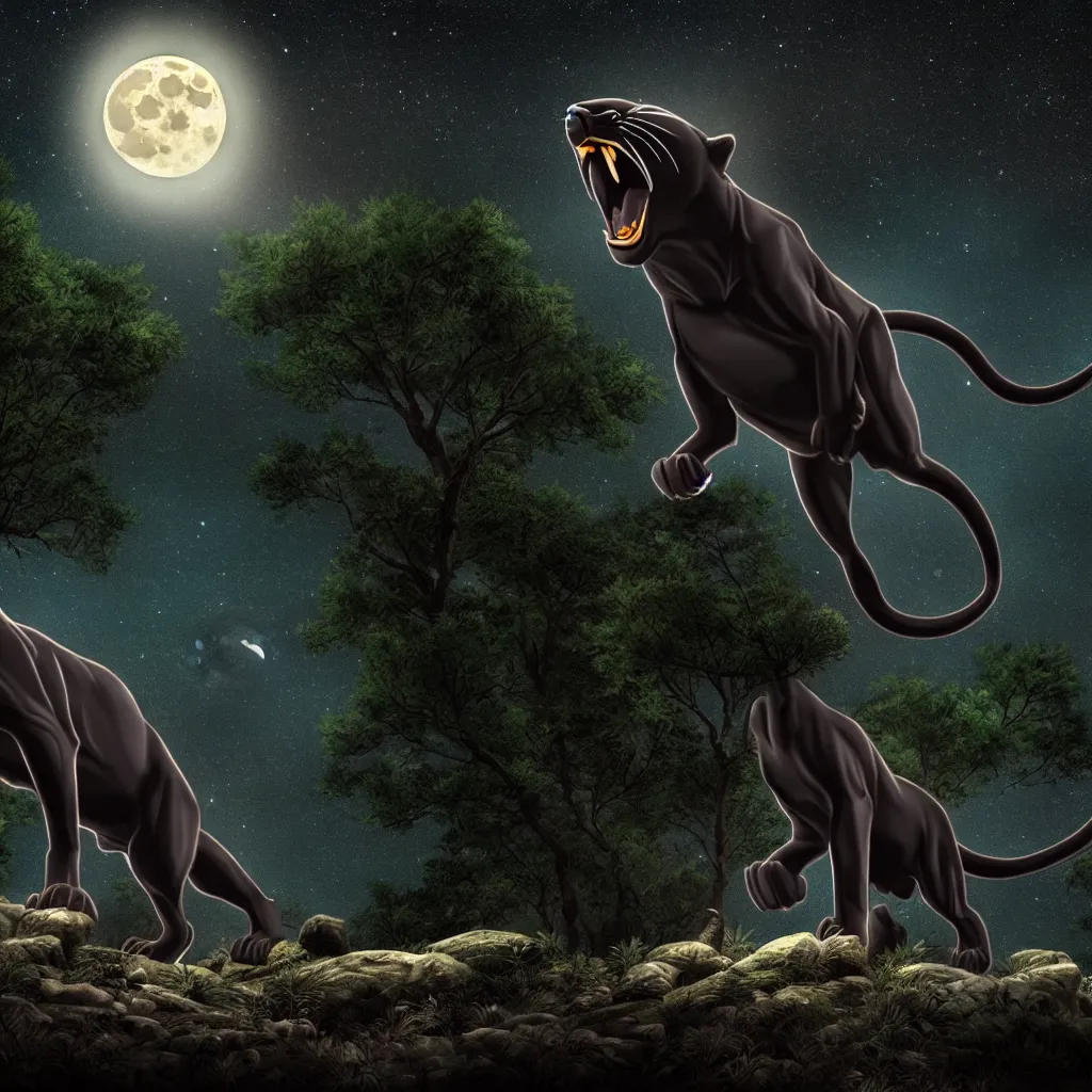 Image similar to a panther roaring at the moon in a forest during the night, large moon in the center. high quality. artistic. illustration. 4 k. cinematic. photoreal. highly detailed. dramatic. dark colors. night.