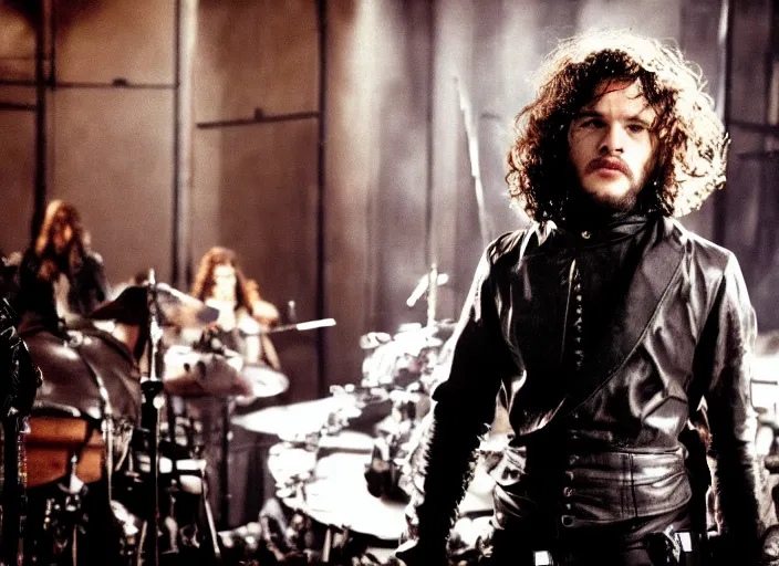 Image similar to promotional image of a kit harrington in a heavy metal band in a movie from 1978, rugged black clothes, detailed face, movie still frame, promotional image, imax 70 mm footage