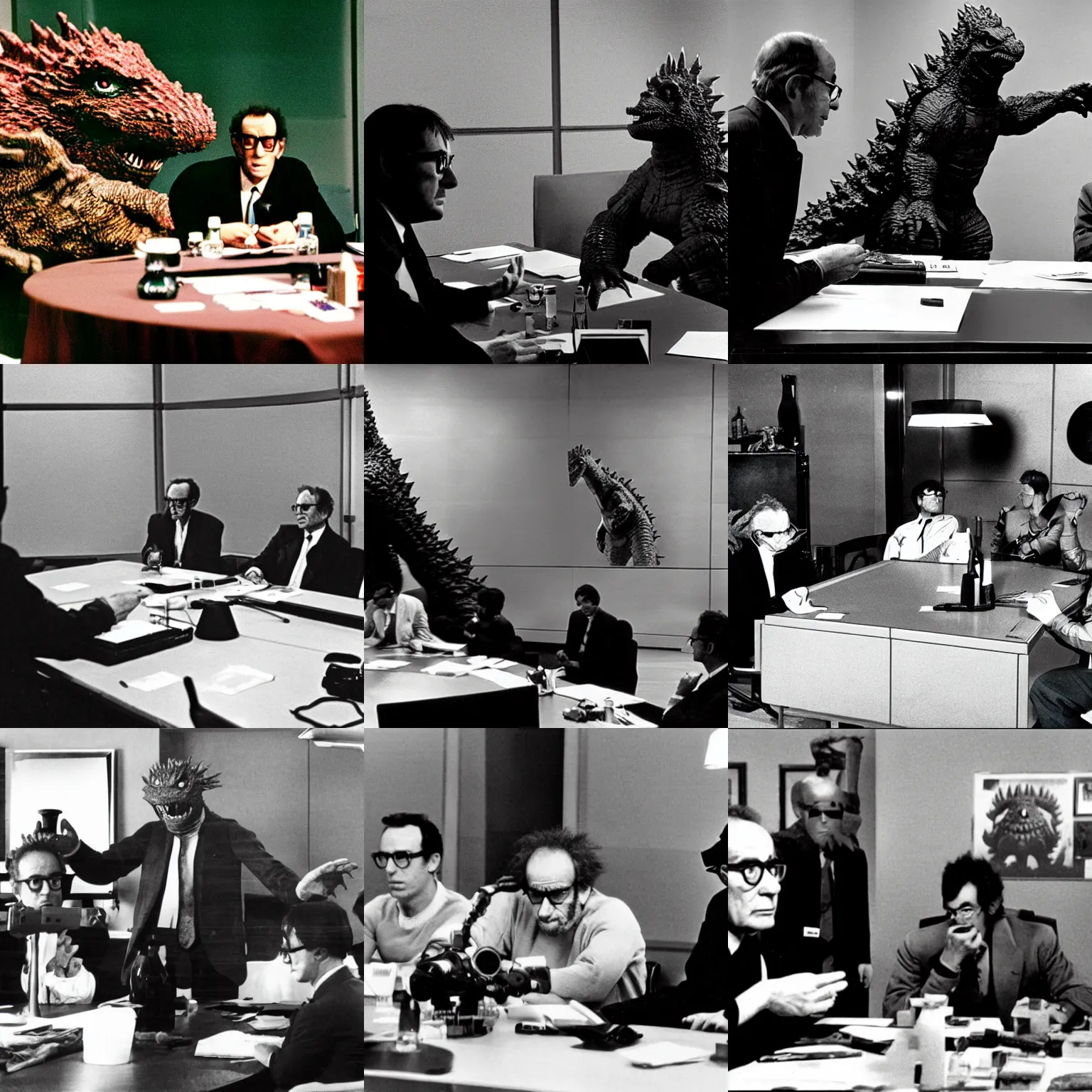 Prompt: godzilla is seated at a conference table with a mike and jean - luc godard. jean - lic godard and godzilla are both answering questions.