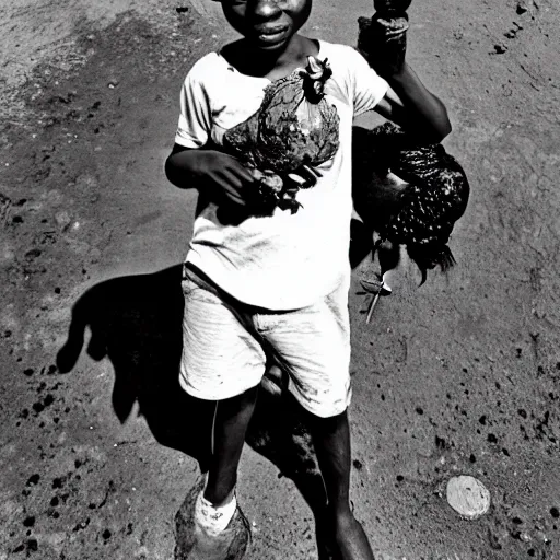 Image similar to an african boy holding a chicken from the movie tank girl, afrofuturism, by jamie hewlett and sawoozer and roger ballen,