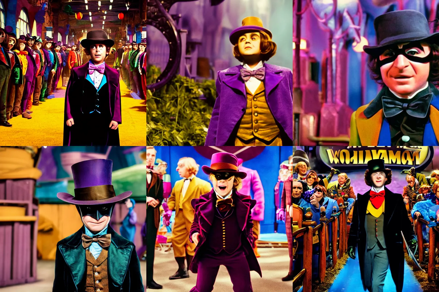 Prompt: cinematic still of Batman as Willy Wonka in Charlie and the Chocolate Factory, HD photography, 4k, 8k