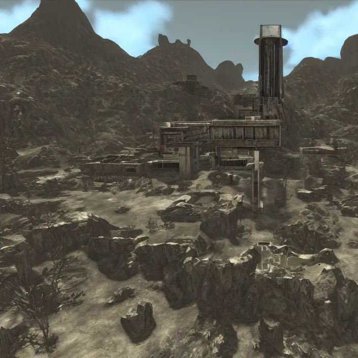 Image similar to a building in a serene landscape, fallout new vegas